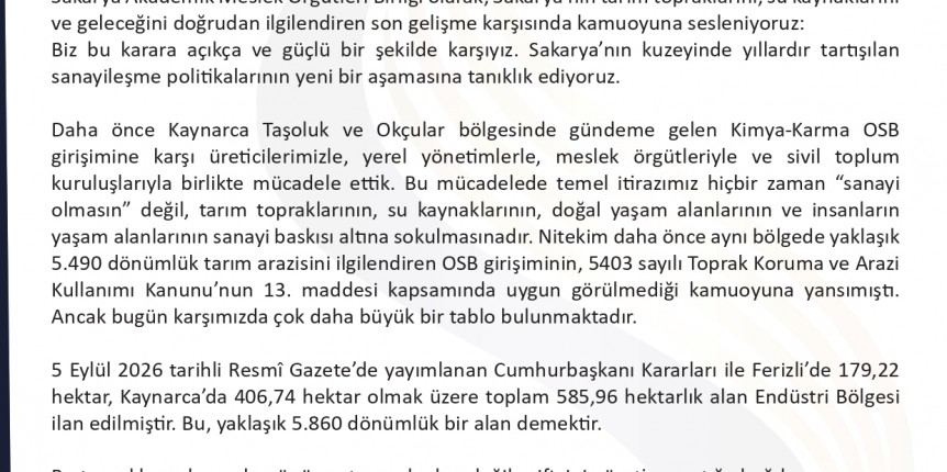 KAYNARCA ve FERİZLİ’DEKİ ENDÜSTRİ BÖLGESİ KARARINA KARŞIYIZ!